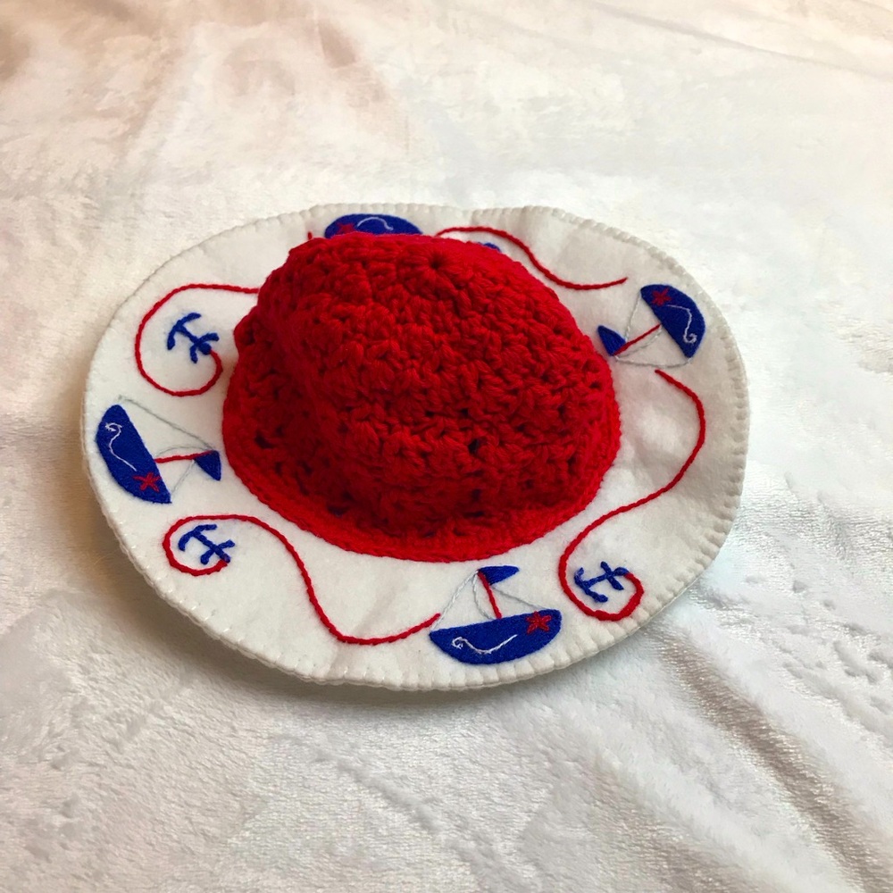 Vintage Noodles Kids.Com Crochet Bucket Girls Hat Red White Sailboats Anchors
